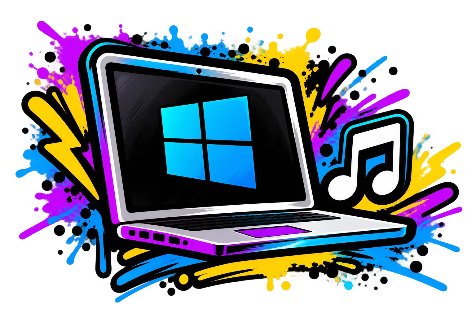 Graffiti-style illustration of a Windows laptop