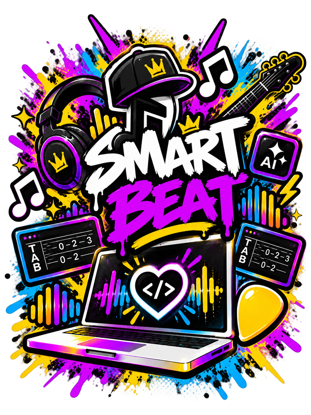 Neon graffiti collage featuring Smart Beat, music notation, audio and tablature